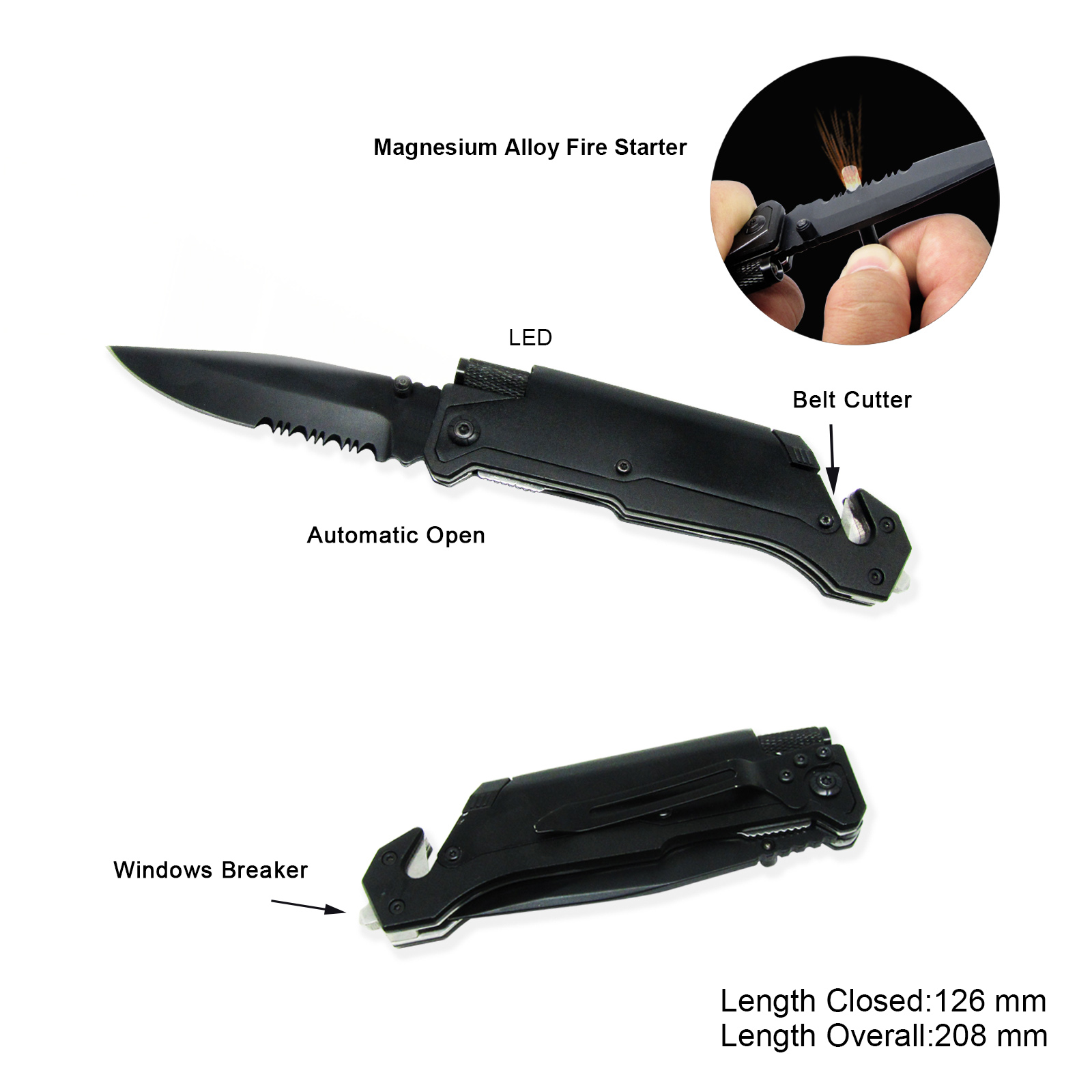 #3486AT Spring Assisted Survival Knife with LED Flashlight 