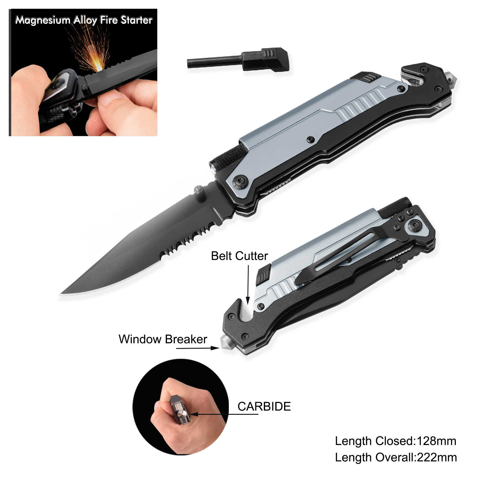 #3486CBD Survival Knife with Carbide Window Breaker