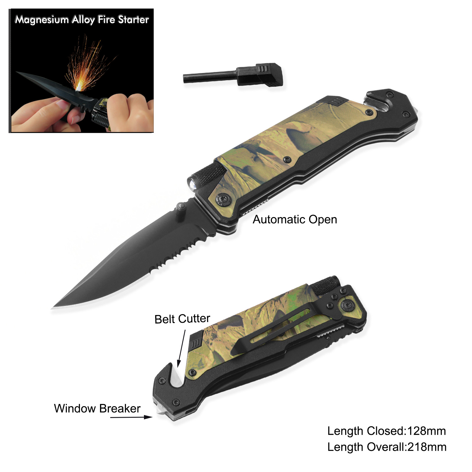 #3486AT-CAMO-B Spring Assisted Survival Knife with LED Flashlight 