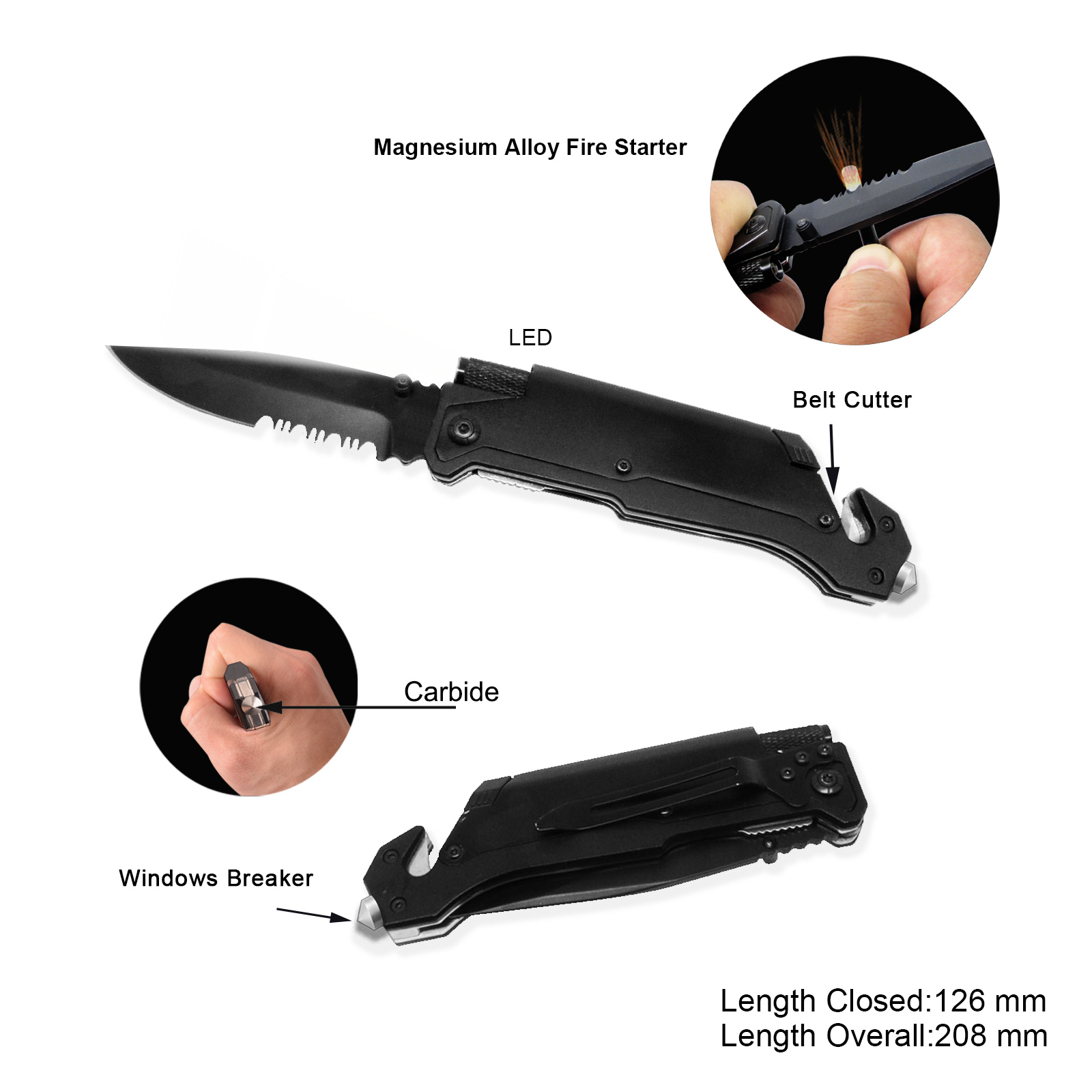 #3486-BLK-CBD Survival Knife with LED Flashlight with Carbide Glass Breaker