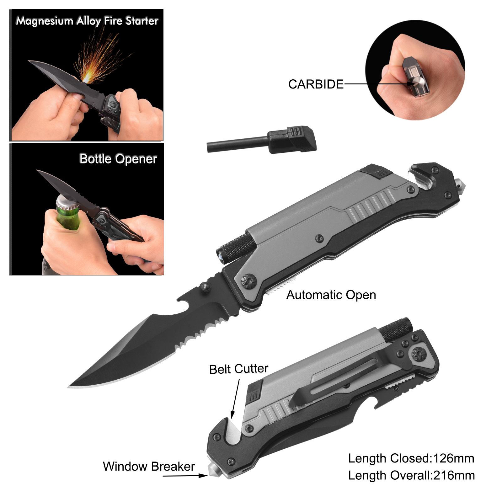 #3486AT-BO-CBD Spring Assisted Survival Knife with LED Flashlight & Carbide Glass Breaker