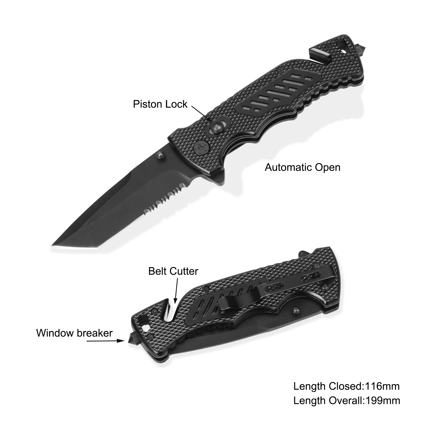 #3907AT Survival Knife with Window Breaker & Belt Cutter 