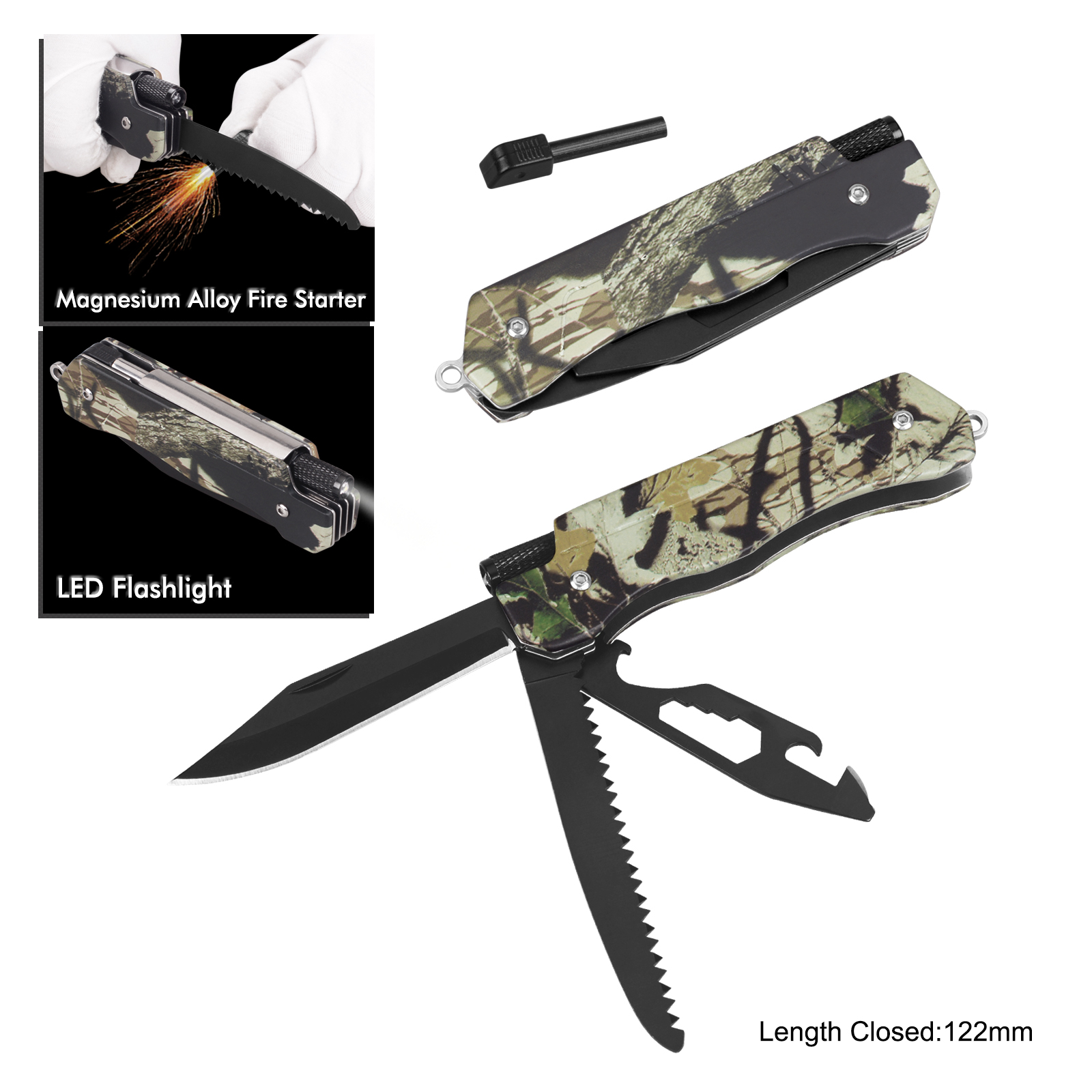 #6297-CAMO Multi Function Pocket Knife with LED Flashlight