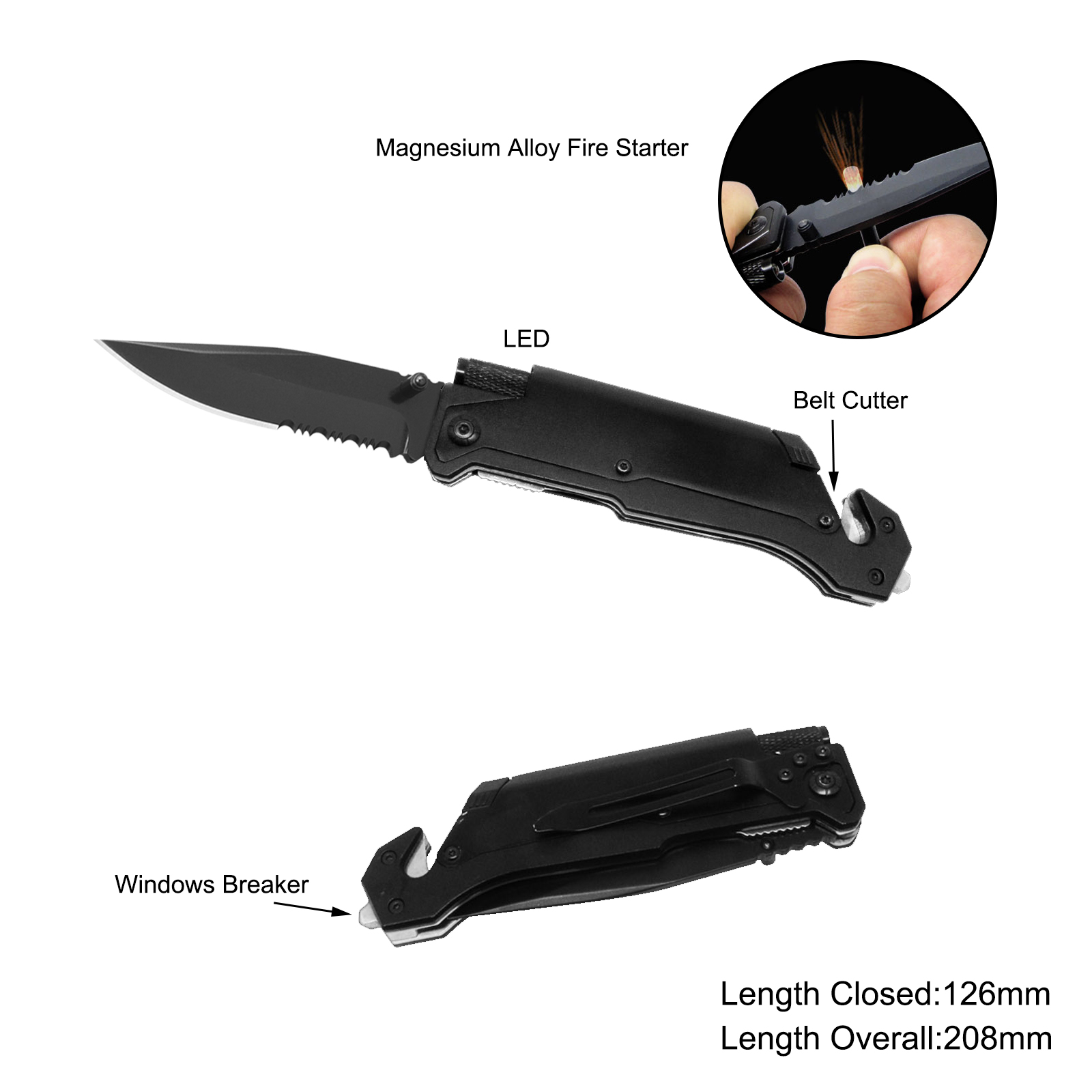 #3486BLK Survival Knife with LED Flashlight