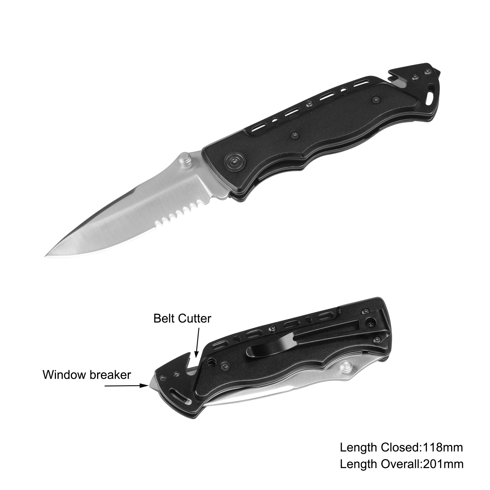 #3828 Survival Knife with Window Breaker & Belt Cutter 