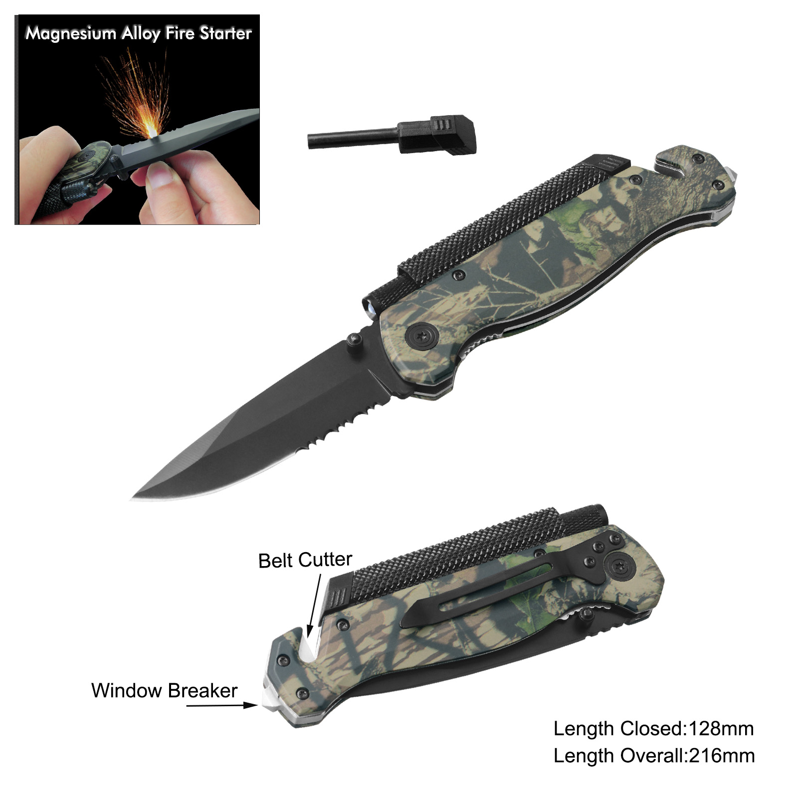 #3941-CAMO-B Survival Knife with LED Flashlight 